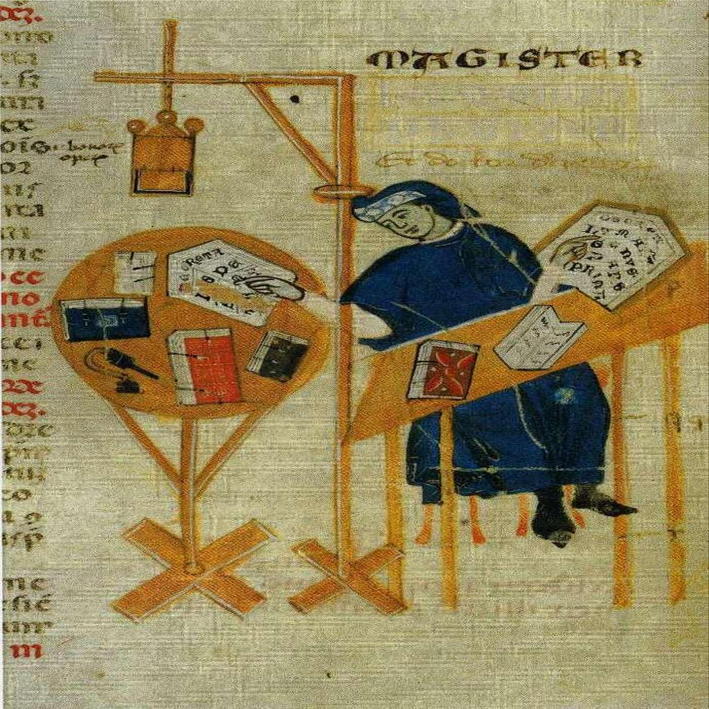 14th-century manuscript illustration of a scholar, Leipzig University Library via Wikimedia Commons, public domain. https://commons.wikimedia.org/wiki/File:Magister+.JPG