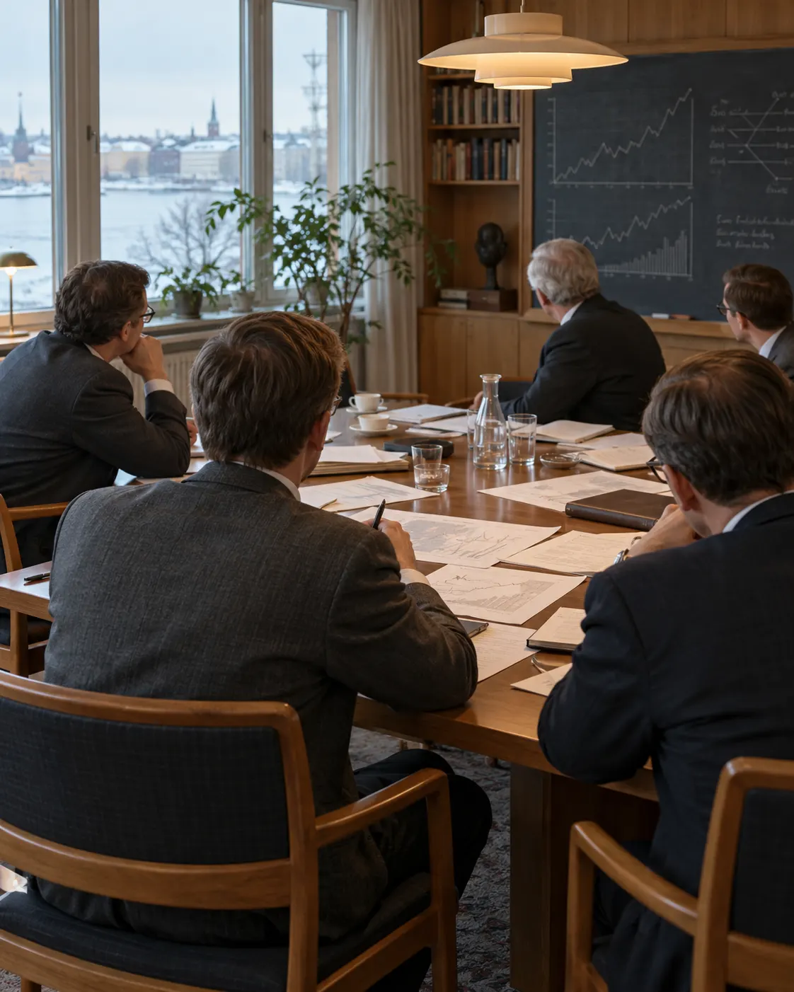 AI-generated fictional meeting of economists reviewing abstract charts; not the 1969 prize ceremony or real economists. A generic bust in the background is also fictional. Prompt: “Photorealistic vertical 4:5 historical editorial reconstruction of a mid-century group of economists discussing research around a conference table, seen from behind in a Scandinavian institutional meeting room. Fictional people and event, not the 1969 prize ceremony or real economists. No recognizable faces, no readable text, no award symbols, medals, logos or flags.” Generated 20 October 2026.