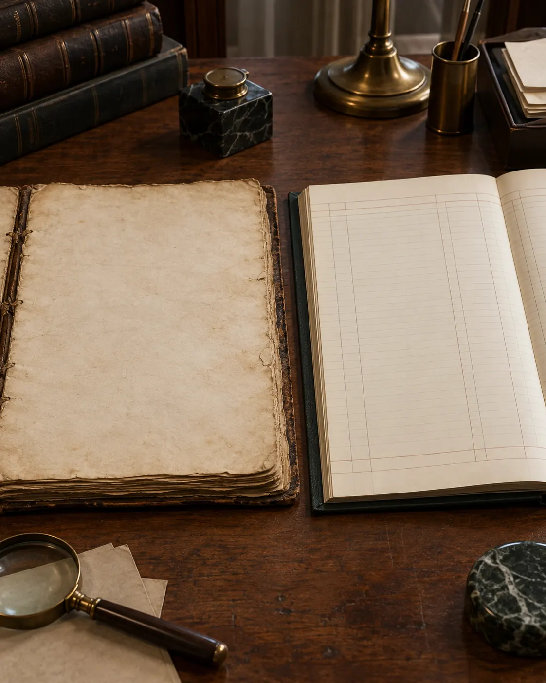 AI-generated still life comparing a fictional blank old folio and a later ruled ledger, illustrating that the economics prize was established separately from Nobel’s will; neither document is authentic. Prompt: “Photorealistic vertical 4:5 editorial still life comparing an old handwritten will folio with a later central-bank ledger, laid side by side on a desk to symbolize a prize category established separately decades later. Both documents must be blank and fictional, no readable writing, dates, signatures, names, seals, Nobel imagery, medals, currency or logos. Neutral archival setting.” Generated 20 October 2026.