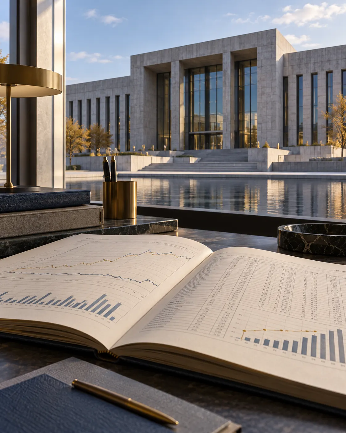 AI-generated cover: a fictional modernist institutional building and abstract economics charts, illustrating the separately established economics prize; not Sveriges Riksbank headquarters or an actual prize scene. Prompt: “Photorealistic vertical 4:5 editorial cover about Sweden's central bank establishing a separate prize in economic sciences in 1968. Show a generic modernist Scandinavian central-bank-like building with an open economics ledger and abstract chart on a desk in foreground. Fictional architecture, not a photo of Sveriges Riksbank headquarters. No Nobel medal, no portraits, no readable text, dates, currency symbols, logos or flags.” Generated 20 October 2026.