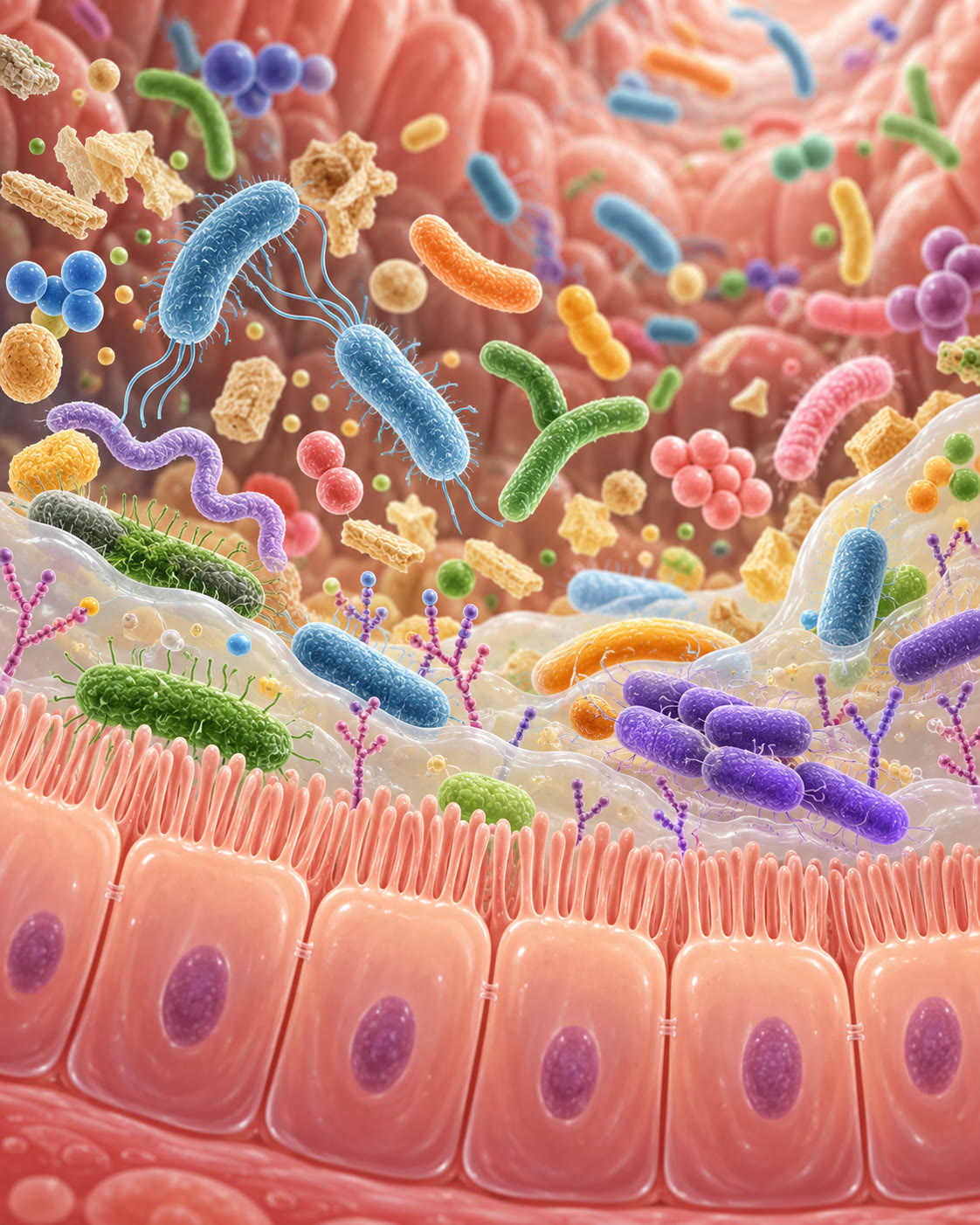 AI-generated conceptual gut microbiome ecosystem; it does not classify microbes as beneficial or harmful and makes no numerical claim. Generated 2026-10-29. Prompt: “Vertical 4:5 clean science illustration of a diverse gut microbiome ecosystem, with friendly stylized bacterial shapes living along an intestinal lining. Show variety and context, no good-versus-evil symbols, no labels, text, percentages, numbers, or disease depiction. Editorial textbook style.”