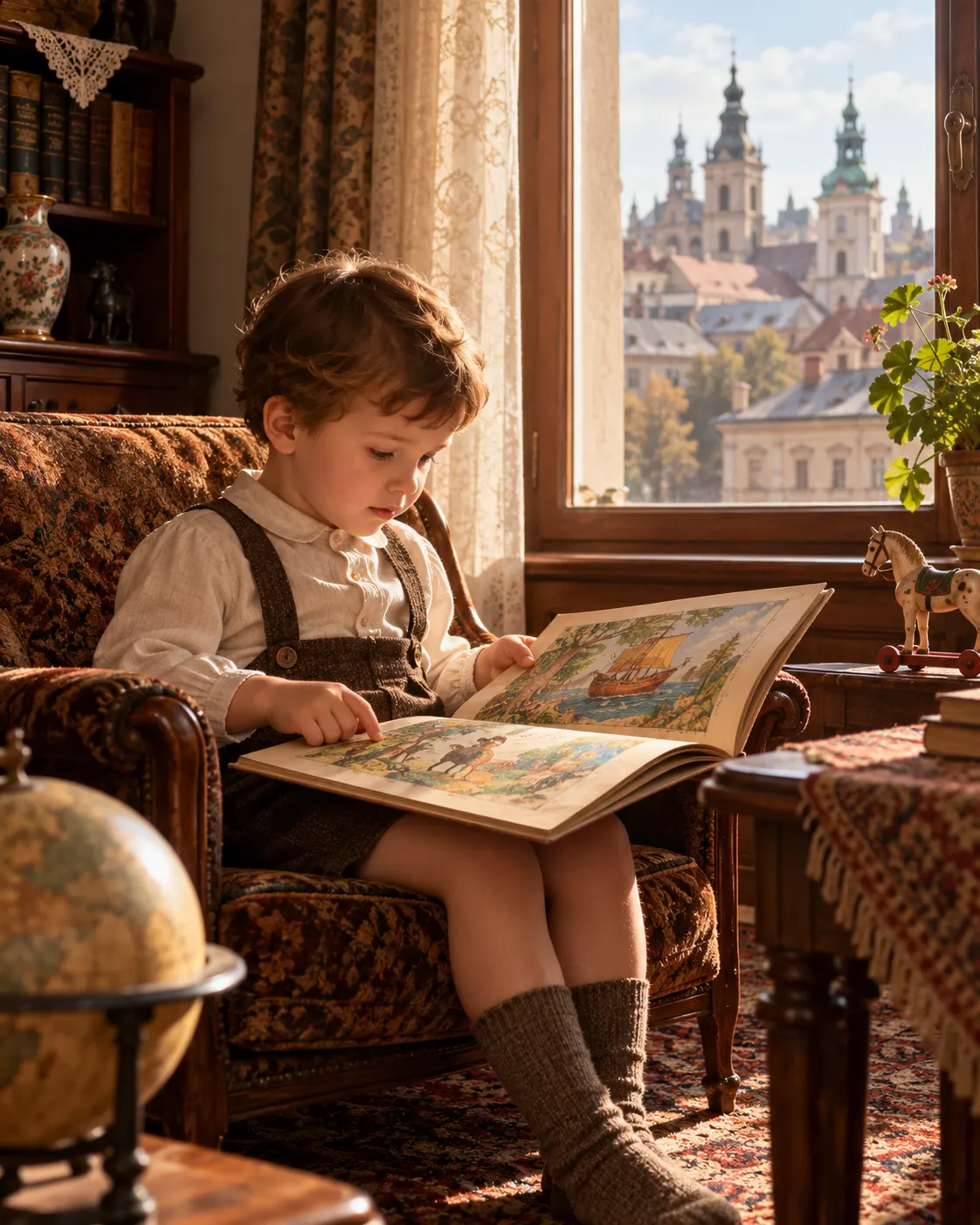 Титульна AI-згенерована ілюстрація / AI-generated cover illustration. A fictional four-year-old reads a picture book in a 1920s Lwów home, evoking Lem’s memoir of early reading.