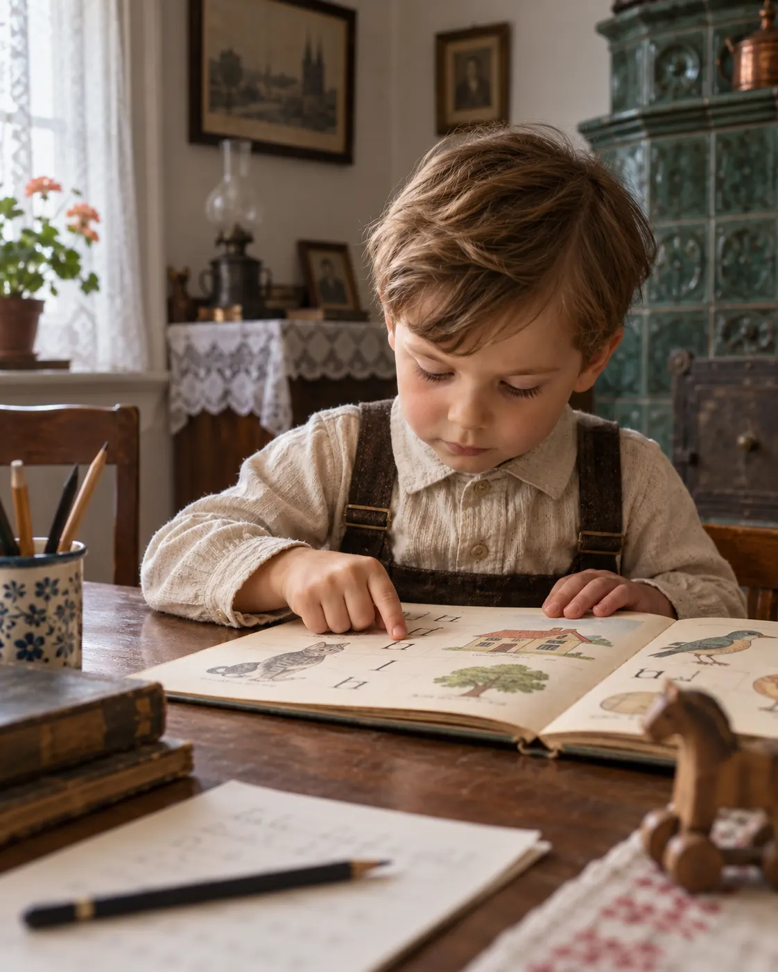 AI-generated close view of a child practicing writing, evoking Lem’s account of learning to write in his fourth year.