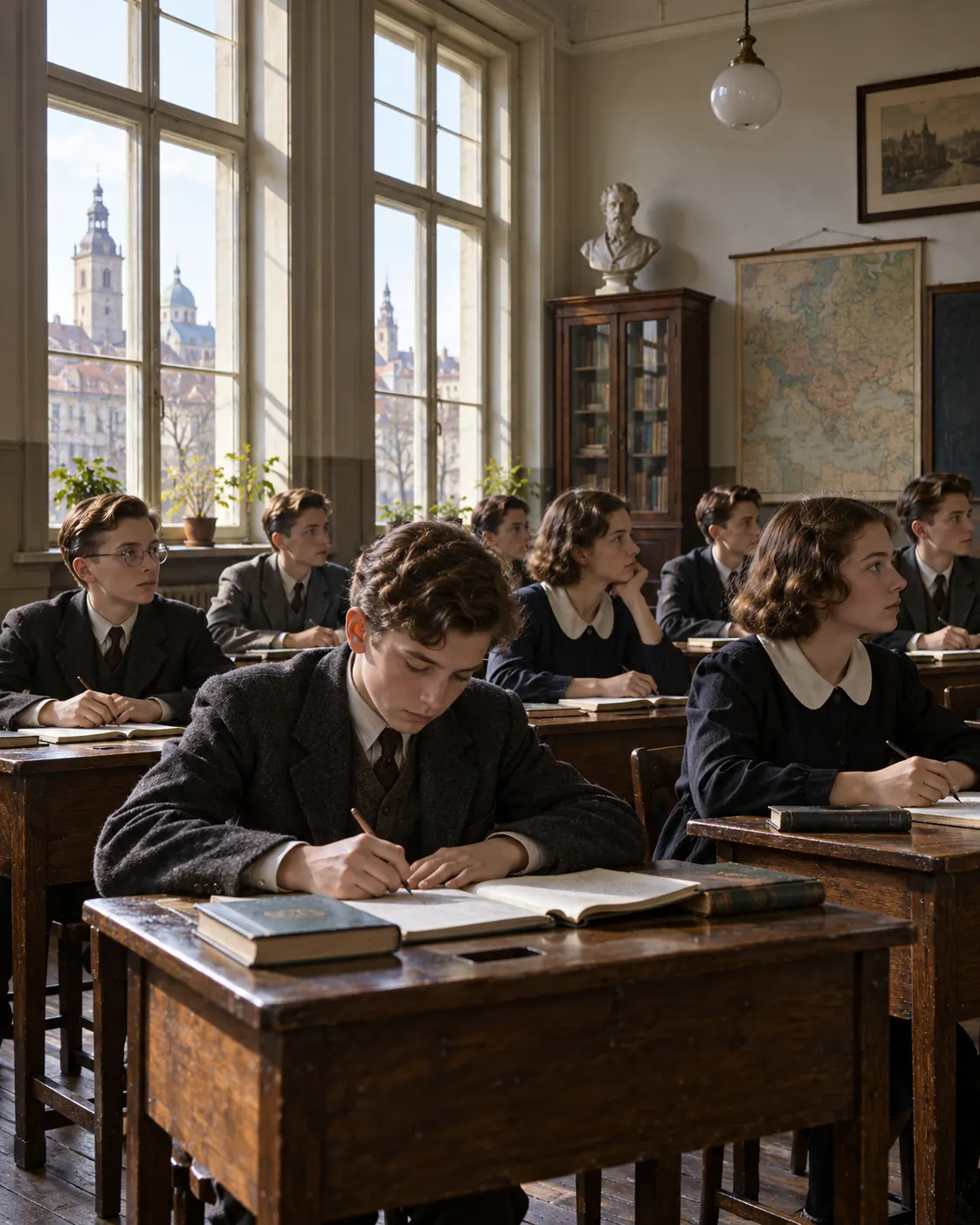 AI-generated generic classroom evoking Lem’s 1930s secondary-school years.