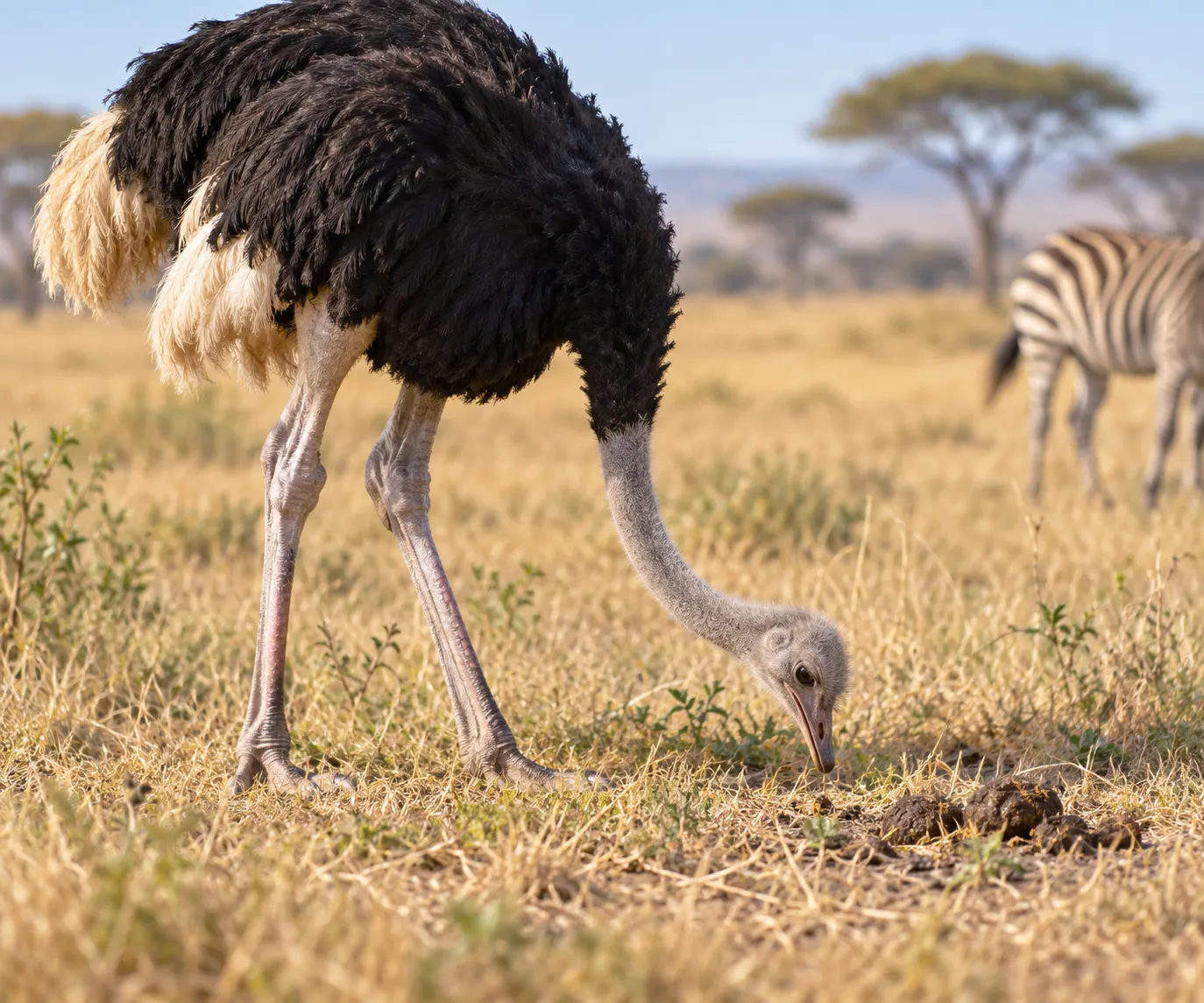 AI-generated illustration of an ostrich foraging near zebra dung, with a zebra in the background.