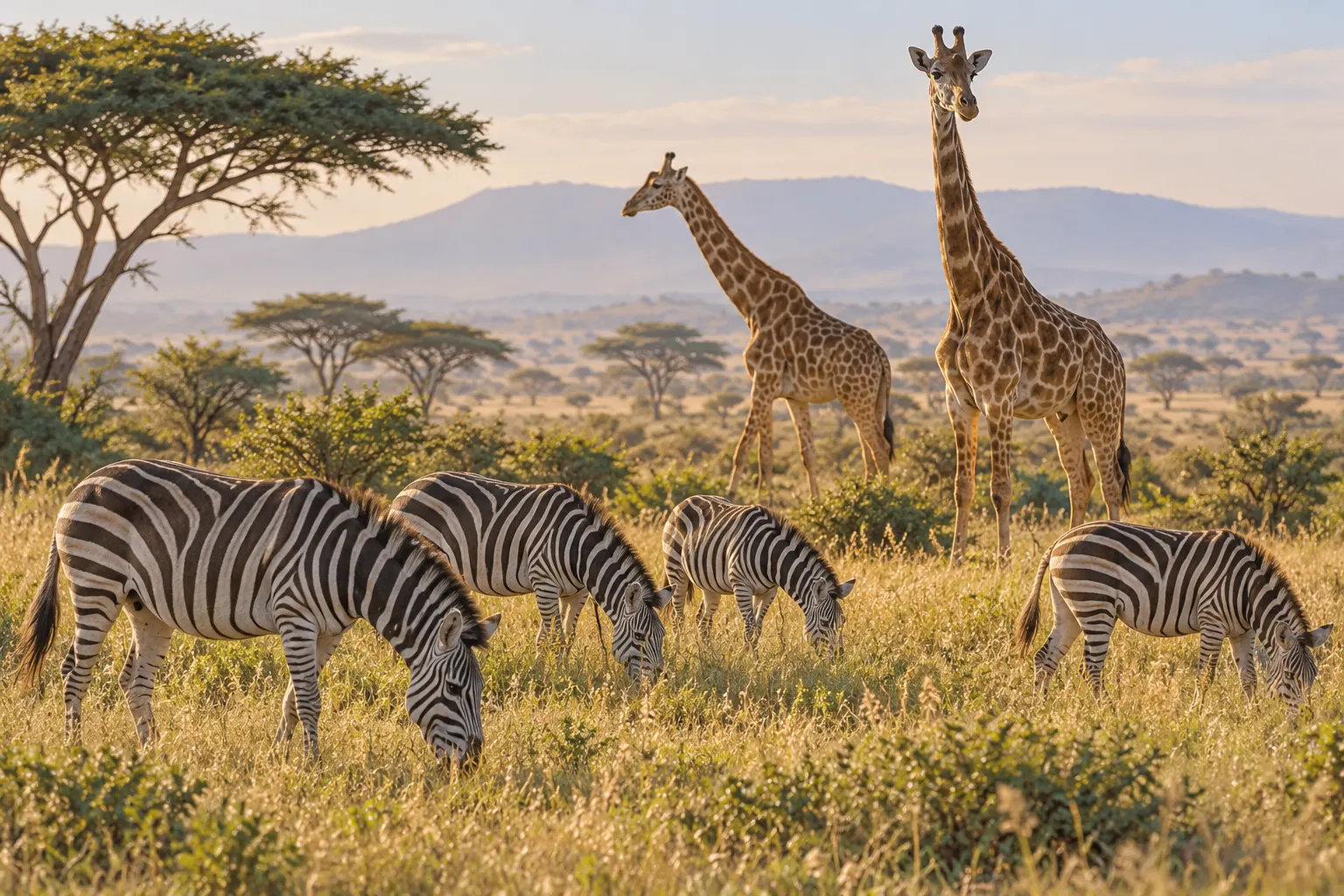 AI-generated illustration of zebras grazing near giraffes; this depicts the different mixed-species association studied in source 3.