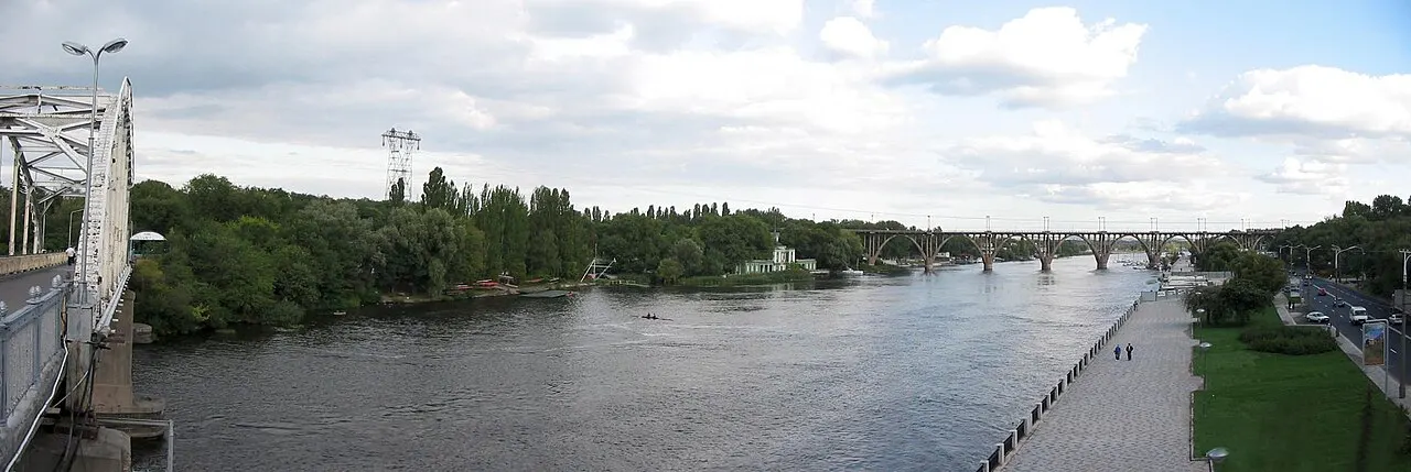 Panoramic view of the Dnipro River and riverside walk in Dnipro city.