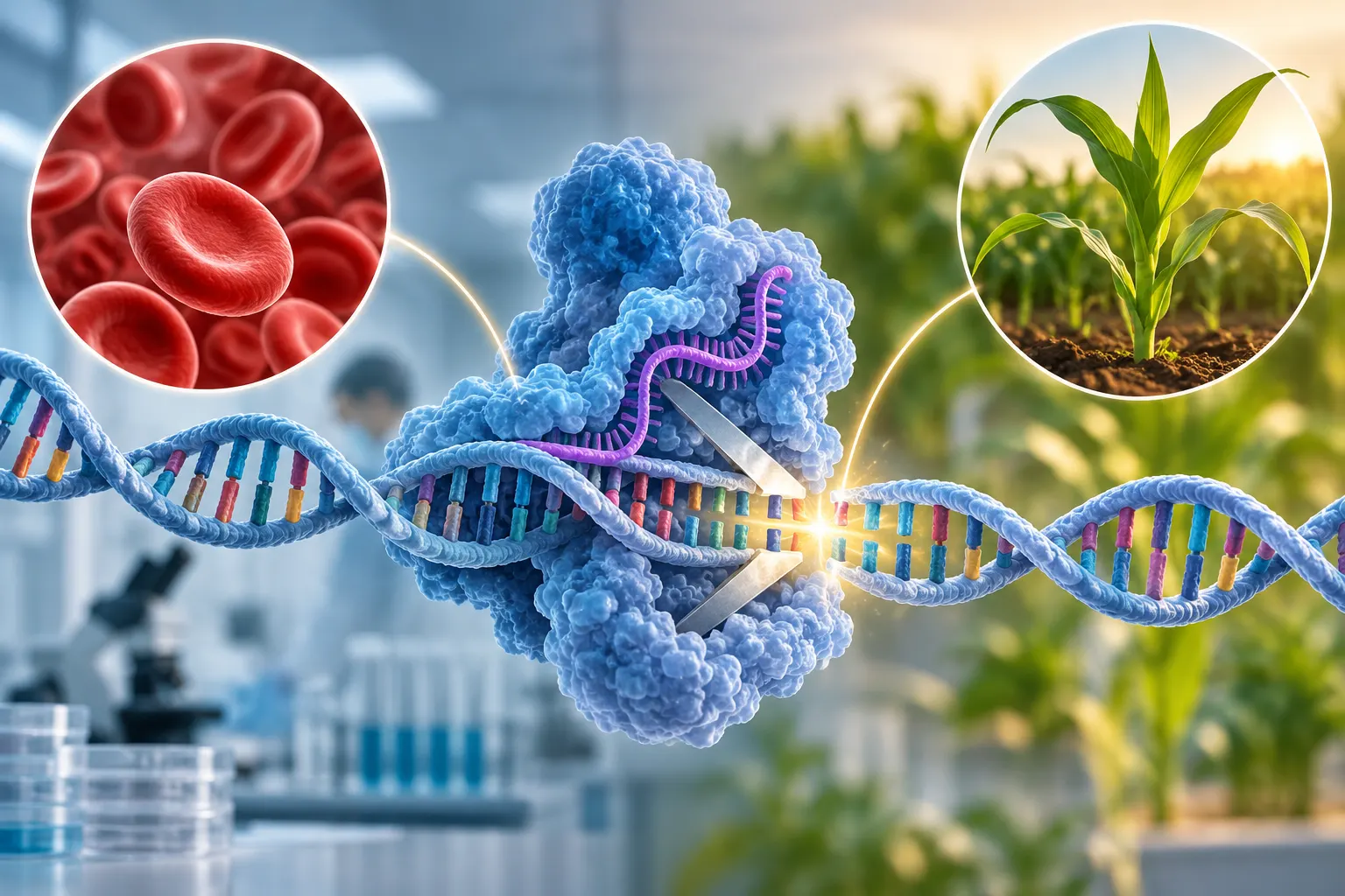 перша позиція: синтетична навчальна композиція CRISPR-Cas9, ДНК, кров’яних клітин і рослини; це не клінічне чи лабораторне фото. Опис prompt із попереднього запису: молекулярні ножиці біля ДНК, кров’яна клітина й рослина як приклади застосувань, без обіцянки гарантованого лікування; повний дослівний prompt недоступний.