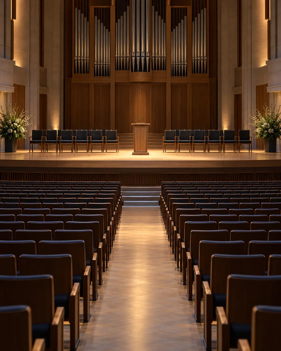 AI-generated generic empty concert hall and bare lectern, illustrating a prize not being awarded; not Stockholm Concert Hall and not a specific historical event. Prompt: “Photorealistic vertical 4:5 editorial illustration of an empty formal concert hall stage after an award ceremony was not held, rows of empty chairs and a bare lectern under soft light. Generic venue, not Stockholm Concert Hall, no specific historical year, no people, no medals, no flags, no logos, no readable text.” Generated 20 October 2026.