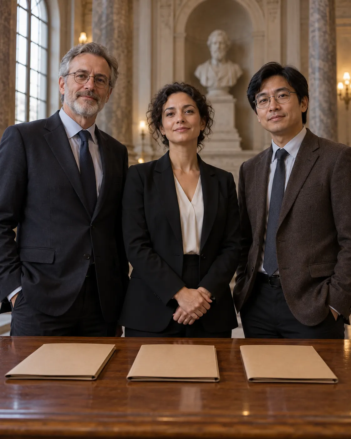 AI-generated cover: three fictional scholars beside three blank folders, symbolizing the maximum number of people who can share a Nobel Prize. The people are not real laureates or a documented event. Prompt: “Photorealistic vertical 4:5 editorial cover about the Nobel Prize rule that a prize may be shared by at most three people. Show exactly three fictional scholars standing together in a quiet formal hall, with three simple blank folders on a nearby table, composed dignified scene. They are generic people, not real laureates or a documented event. No medals, award symbols, logos, readable text or flags.” Generated 20 October 2026.