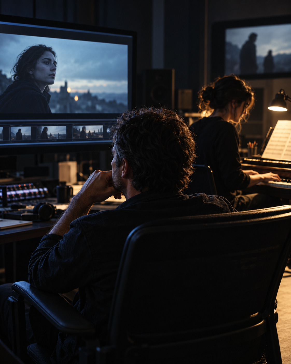 AI-generated illustrative cover, created 2026-10-25. Prompt: “Editorial photograph, vertical 4:5, film director in a dark editing room watching a scene on monitor while a musician works at piano, moody light, screens with indistinct imagery, no text or logos. Illustrative cover about how soundtrack changes interpretation of a scene.”
