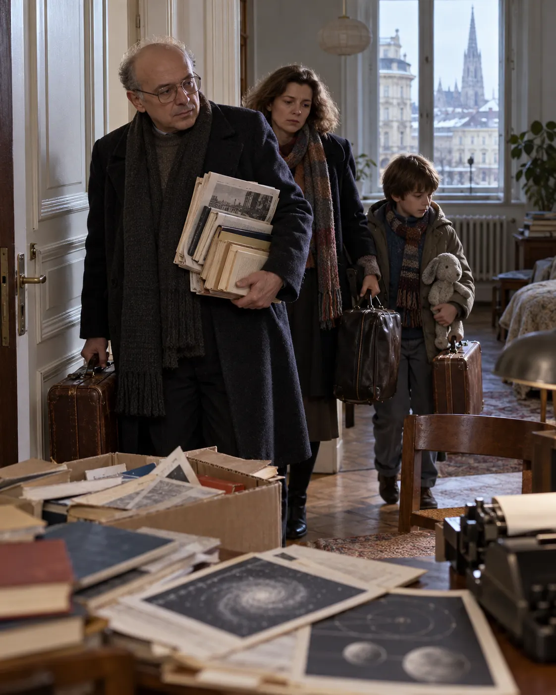 Титульна AI-згенерована ілюстрація / AI-generated cover illustration. A writer and family arrive in Vienna with books and journals, evoking Lem’s relocation after martial law; fictional reconstruction, not documentary evidence.
