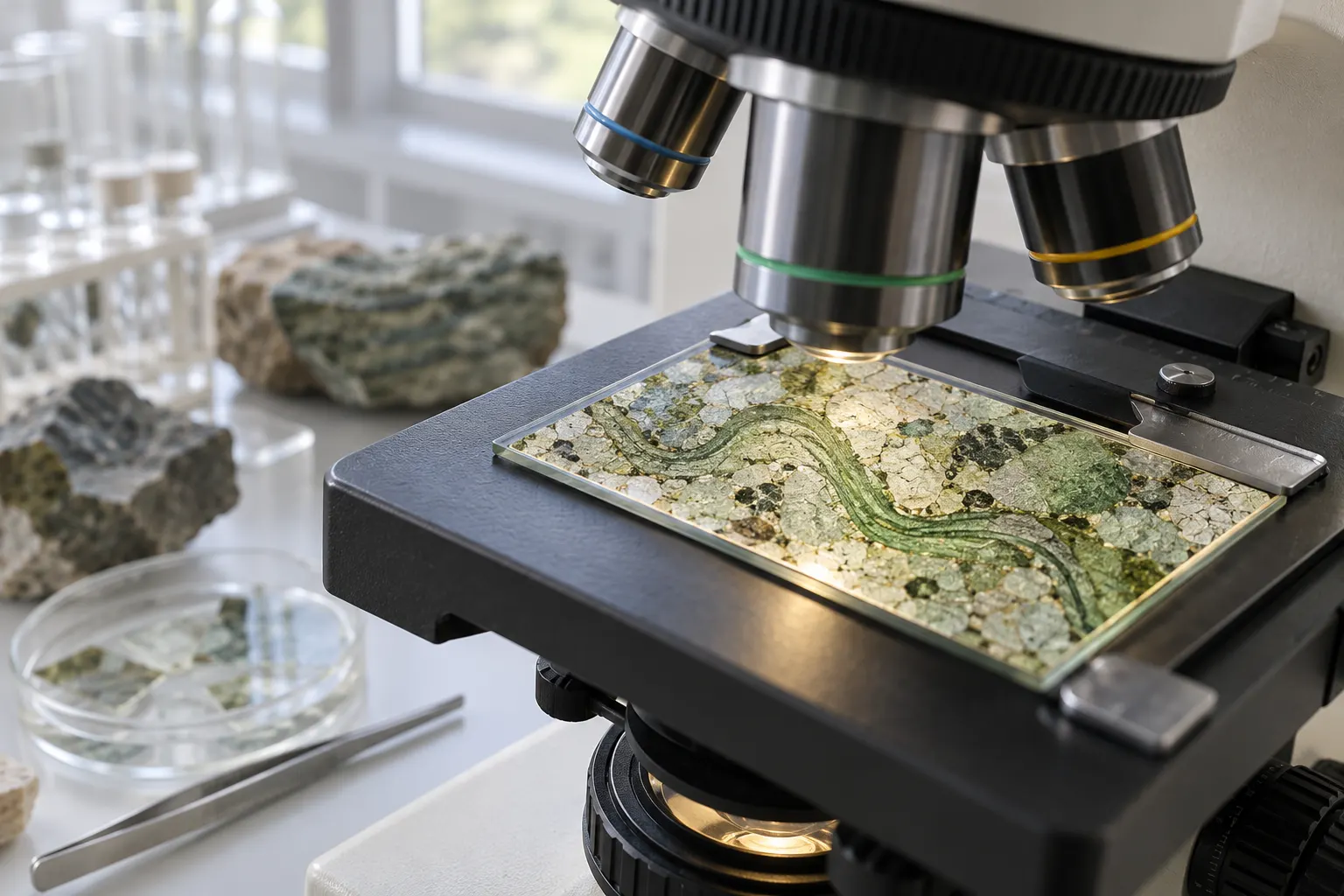 AI-generated laboratory microscope and rock thin section. OpenAI image generation, 2026-10-28. Prompt: Photorealistic editorial science still life of an ancient rock thin section mounted under a modern laboratory microscope, soft green mineral colors and careful clean lab surroundings, pale natural light, illustrating researchers studying ancient microbial traces, no people, no text, labels, readable data, logos, watermark, or collage; generic research illustration, not a real study setup.