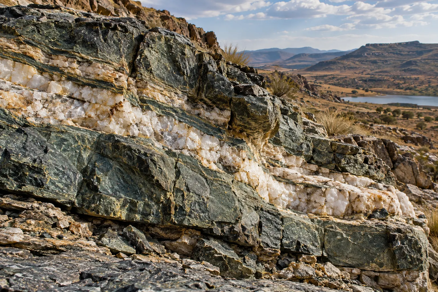 AI-generated generic greenstone and hydrothermal vein outcrop. OpenAI image generation, 2026-10-28. Prompt: Photorealistic editorial geology photograph of ancient dark greenstone rock and layered quartz hydrothermal vein outcrop in a South African landscape, natural daylight, museum science article cover, no people, no text, labels, logos, watermark, or collage; generic geological illustration not an exact field site.