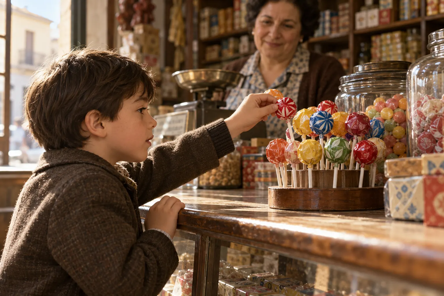 AI-generated illustration of a child choosing a wrapped lollipop at a period-style shop counter.