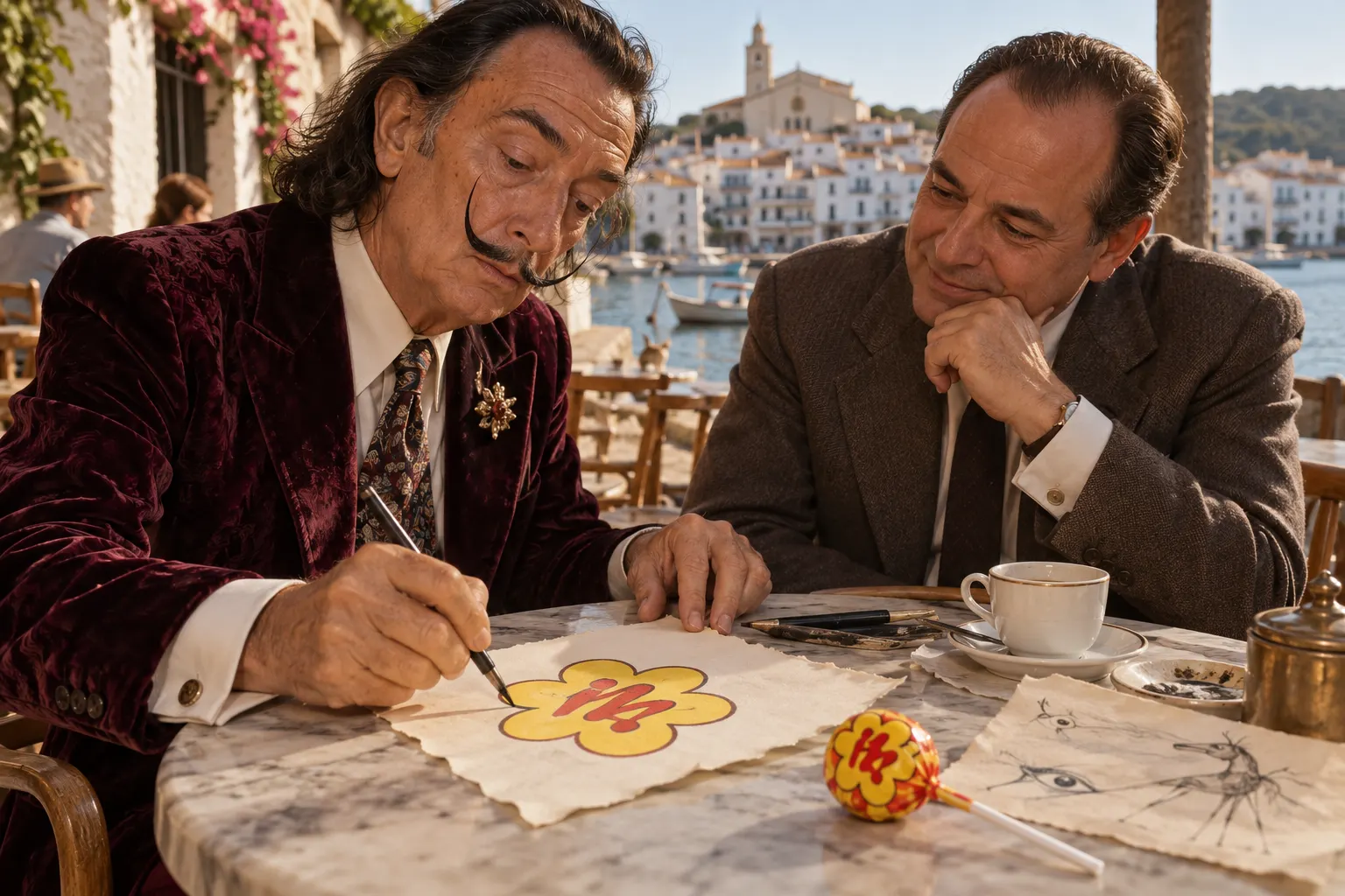 AI-generated illustrative reconstruction of Salvador Dalí sketching a flower-like candy mark with Enric Bernat at a Cadaqués café.