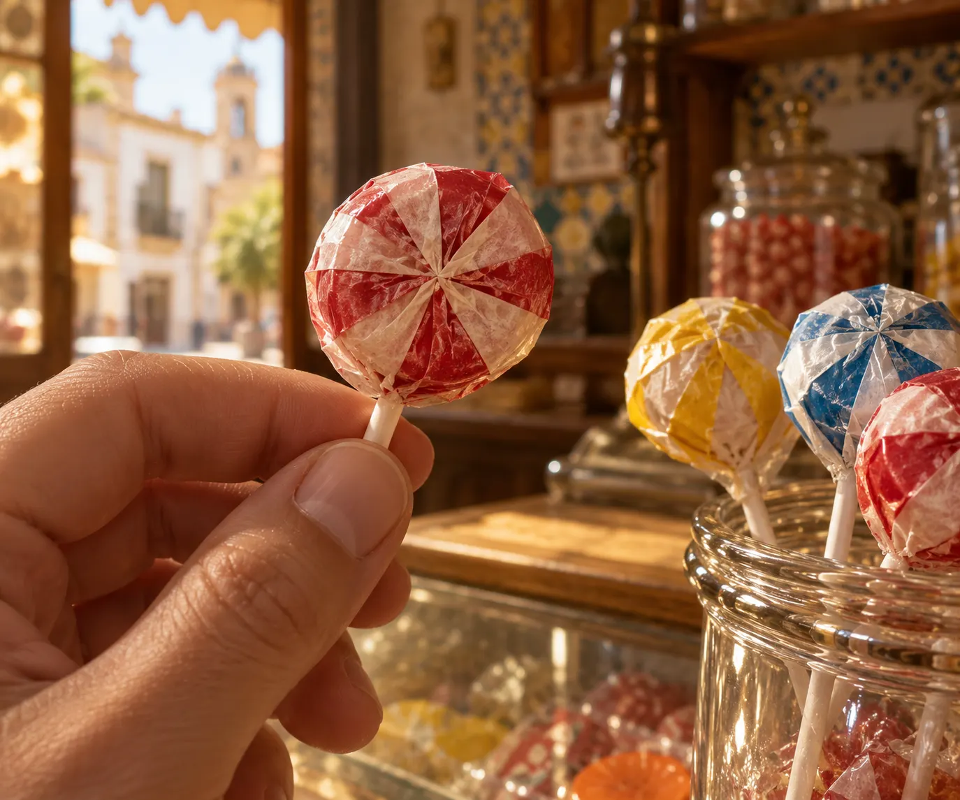 AI-generated editorial still life emphasizing how the top of a lollipop wrapper is visible when held or displayed.