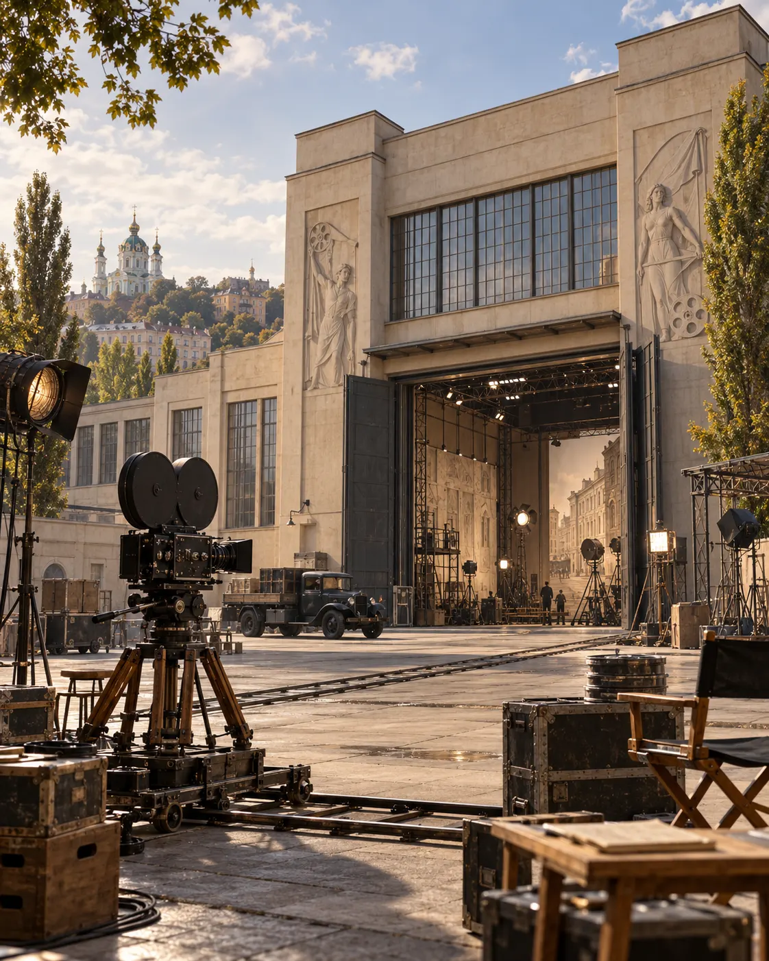 symbolic editorial reconstruction of Kyiv film factory exterior and period camera equipment; it is not an archival photograph or a film frame.