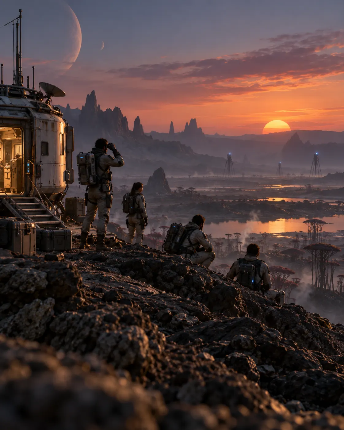 AI-generated reconstruction of a quiet expedition camp on an alien world, with explorers observing the landscape rather than attacking it.