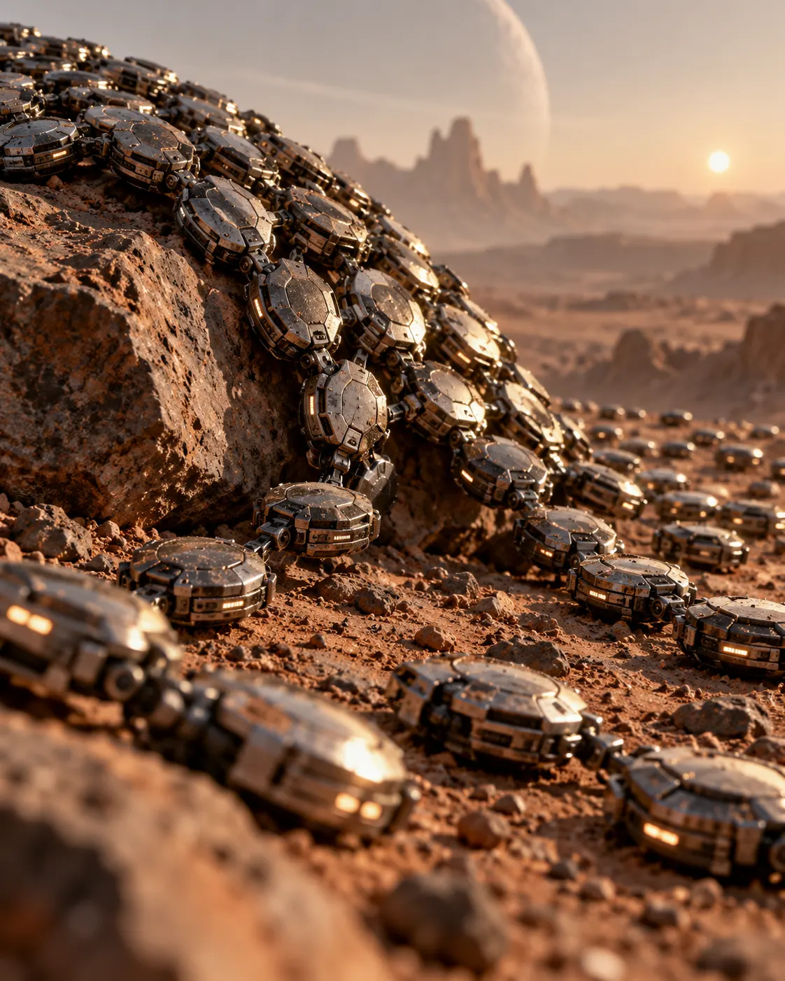 AI-generated conceptual illustration of small autonomous mechanical units forming an adaptive swarm on an alien landscape.